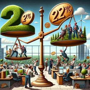 DALL·E 2024 03 27 14.58.09 A whimsically sarcastic artwork illustrating the increase in corporate income tax from 19 to 22 in 2024. The scene is set in an exaggerated cartoon
