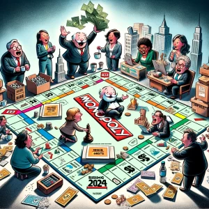 DALL·E 2024 03 27 15.14.01 A humorous and slightly exaggerated cartoon illustration showing a group of business owners or employers gathered around a giant Monopoly board game t