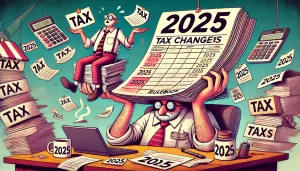 DALL·E 2025 01 13 15.20.59 A satirical background image for an article about tax changes in 2025. The image features a whimsical cartoon style depiction of two contrasting figur