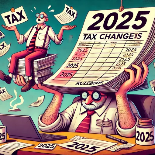 DALL·E 2025 01 13 15.20.59 A satirical background image for an article about tax changes in 2025. The image features a whimsical cartoon style depiction of two contrasting figur